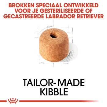 Kibble speciaal ontworpen voor gecastreerde of gesteriliseerde Labrador Retrievers, met een ronde vorm en een gat in het midden.