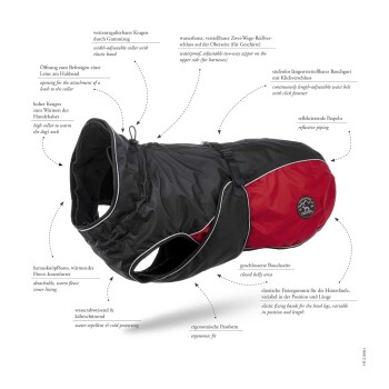Ein schwarz-roter wasserdichter Hundemantel mit hohem Kragen, verstellbarem Bund und reflektierenden Paspeln, der sein Design und seine Funktionen hervorhebt.