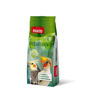 Beutel mit Panto Vogelfutter für große Papageien, mit einem roten Ara und einem Nymphensittich, der "Prachtige Federn" und "Vitalität" hervorhebt.