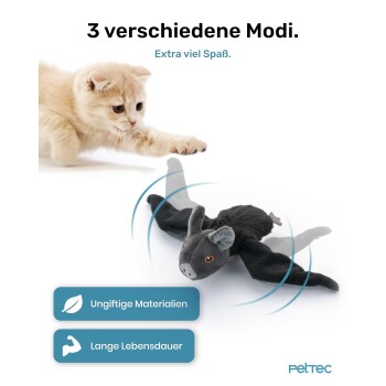 Ein cremefarbener Kätzchen greift nach einem Fledermausspielzeug, mit Text über '3 Modi', 'Ungiftige Materialien' und 'Lange Lebensdauer.'