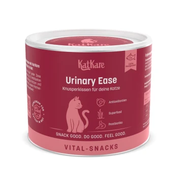 KatKare Urinary Ease Katzensnack-Dose mit rosa Katzenillustration und Text, der Antioxidantien, Superfood und Postbiotika hervorhebt.