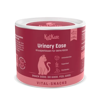KatKare Urinary Ease Katzensnack-Dose mit rosa Katzenillustration und Text, der Antioxidantien, Superfood und Postbiotika hervorhebt.