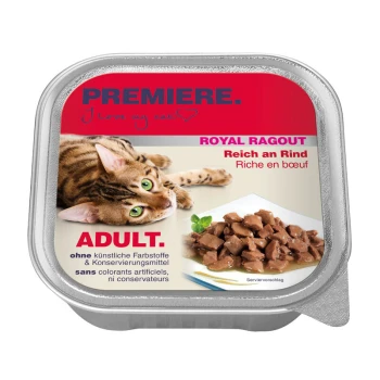 Royal Ragout Rind 16x100 g Verpackung für Katzenfutter mit einer verspielten getigerten Katze, beschriftet mit "Premiere. Ich liebe meine Katze," mit "Royal Ragout" und "Reich an Rind," ohne künstliche Farben.