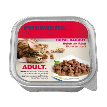 Verpackung für Katzenfutter mit einer verspielten getigerten Katze, beschriftet mit "Premiere. Ich liebe meine Katze," mit "Royal Ragout" und "Reich an Rind," ohne künstliche Farben.