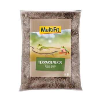 Un sac de terreau MultiFit pour terrarium, présentant des images d'un lézard et d'une grenouille sur un fond vert flou, étiqueté 'Terrarienerde.'