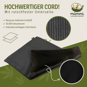 Hochwertiger grauer Corduroy-Haustierbettbezug mit rutschfester gepunkteter Unterseite, modernem Stoff und 35.000 Scheuerzyklen von Mümmí.