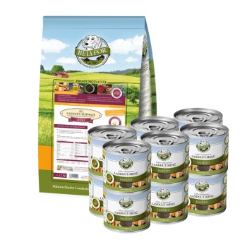 Eine Tüte Bellfor Premium-Hundefutter neben acht Dosen "Landgut-Menü Insekten," mit einem malerischen ländlichen Hintergrund.