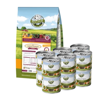 Eine Tüte Bellfor Premium-Hundefutter neben acht Dosen "Landgut-Menü Insekten," mit einem malerischen ländlichen Hintergrund.