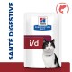 Emballage de nourriture pour chats Hill's Prescription Diet i/d pour le soin digestif, présentant une silhouette de chat blanc et le texte "Santé Digestive."