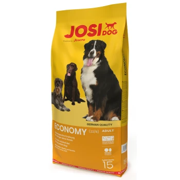 Hundefutterbeutel mit der Marke "JOSI DOG" powered by Josera, beschriftet mit "ECONOMY (22/8) ADULT" mit Bildern von drei Hunden.