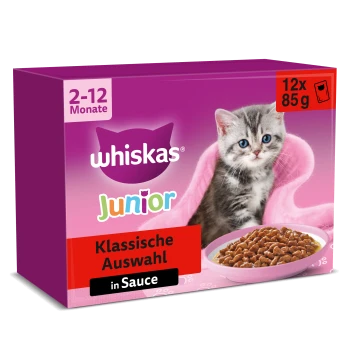 Whiskas Junior lila Katzenfutterbox mit Kätzchen und Schale; Beschriftungen: '2–12 Monate', '12x85g', 'Klassische Auswahl in Sauce'