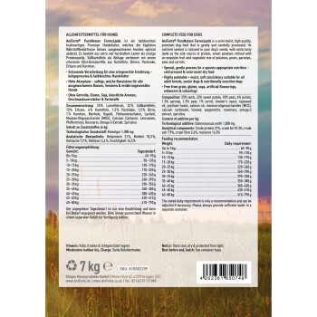 Hundefutterverpackung für "Aniforte PureNature Farms Lamm," ein hochwertiges halbfeuchtes Futter mit Lamm, Kartoffeln und Gemüse. Nährwertinformationen enthalten.