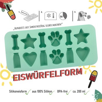 Silikon-Eiswürfelform für Hunde mit Formen wie Knochen, Sternen und Pfoten. Der Text enthält "EISWÜRFELFORM" und Produktdetails.
