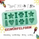 Silikon-Eiswürfelform für Hunde mit Formen wie Knochen, Sternen und Pfoten. Der Text enthält "EISWÜRFELFORM" und Produktdetails.
