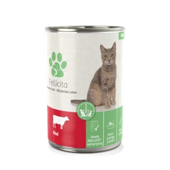 Dosenfutter für Katzen "Fellicita" mit einer grauen Katze, rotem Rindfleischgeschmacksetikett und grünen Symbolen für ernährungsphysiologische Vorteile.