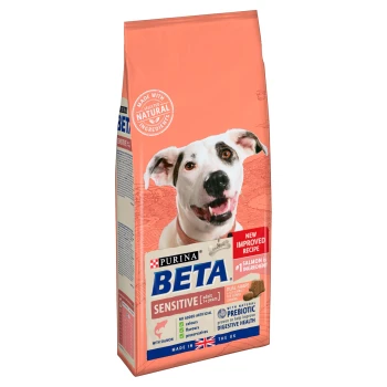 Purina BETA Sensitive dog food bag, featuring salmon as the main ingredient, with a dual-shape kibble design and prebiotic for digestive health.