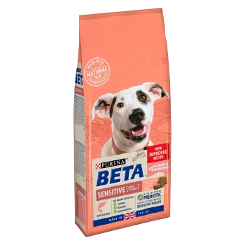 Purina BETA Sensitive dog food bag, featuring salmon as the main ingredient, with a dual-shape kibble design and prebiotic for digestive health.