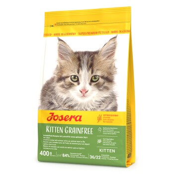 Tüte Josera Getreidefreies Kittenfutter mit dem Gesicht eines Kätzchens, mit den Aufschriften "GETREIDEFREI", "KITTY" und "36/22 Optimal Growth."