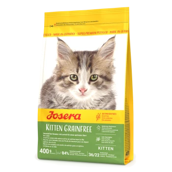 Tüte Josera Getreidefreies Kittenfutter mit dem Gesicht eines Kätzchens, mit den Aufschriften "GETREIDEFREI", "KITTY" und "36/22 Optimal Growth."