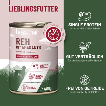 Hundefutterdose mit der Aufschrift 'REH MIT AMARANTH', 400 g; weist 'Single Protein' und 'Frei von Getreide' aus