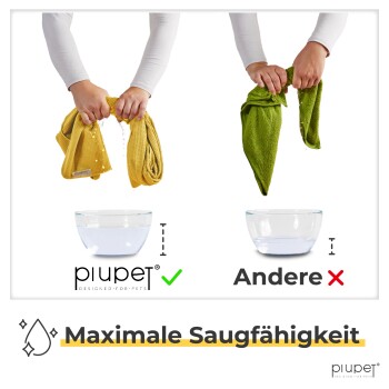 Bild, das zwei Handtücher über Wassernäpfen vergleicht: gelb (Puppet-Marke) saugt gut auf, grün saugt weniger auf. Text: "Maximale Saugfähigkeit."