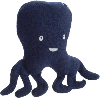 Ein niedliches, plüschiges navyblaues Oktopusspielzeug mit einem lächelnden Gesicht und weißen Augen, entworfen für Haustiere.