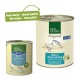 Zwei Dosen Real Nature Haustierfutter, eine große und eine kleine, die ein neues Design mit dem Text "Neues Design – gleiche Qualität!" präsentieren.