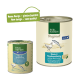 Zwei Dosen Real Nature Haustierfutter, eine große und eine kleine, die ein neues Design mit dem Text "Neues Design – gleiche Qualität!" präsentieren.