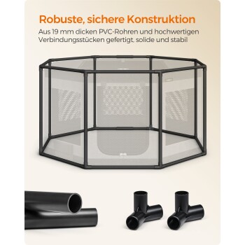 Robuster Spielbereich für Haustiere aus 19 mm dicken PVC-Rohren, mit einer soliden und stabilen Konstruktion, mit sichtbaren schwarzen Verbindern darunter.