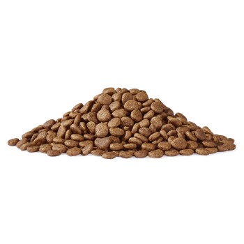Ein Haufen brauner Haustierfutter-Kibble, mit runden und ovalen Formen, vor einem weißen Hintergrund präsentiert.