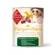 Dosenfutter für Hunde mit der Aufschrift 'Morgen-Menü', das Pferdefleisch, Rote Beete und Apfel enthält. Der Text hebt glutenfrei, laktosefrei und allergikerfreundlich hervor.