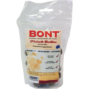 Beutel mit BONT Fleisch Bollies Hundesnacks (Hirsch 50%, Preiselbeergeschmack) in wiederverschließbarer, transparenter Verpackung.