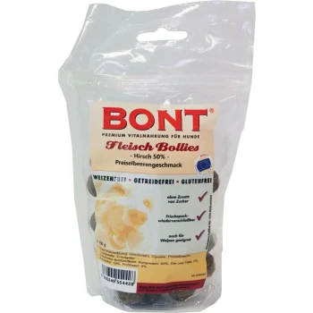 Beutel mit BONT Fleisch Bollies Hundesnacks (Hirsch 50%, Preiselbeergeschmack) in wiederverschließbarer, transparenter Verpackung.