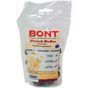 Beutel mit BONT Fleisch Bollies Hundesnacks (Hirsch 50%, Preiselbeergeschmack) in wiederverschließbarer, transparenter Verpackung.