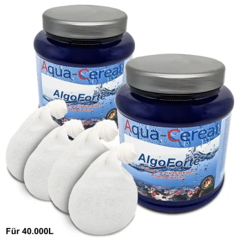 Zwei blaue Gläser Aqua-Cereal AlgoForte, gekennzeichnet zur Algenprävention, begleitet von vier weißen Beuteln für 40.000 Liter.