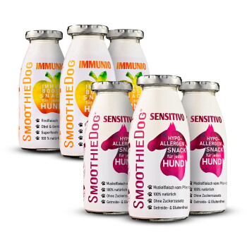 Flaschen von SmoothieDog Snacks für Hunde, beschriftet 'Sensitivo' und 'Immunio', mit Ansprüchen auf hypoallergene und immunstärkende Eigenschaften.