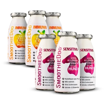 Flaschen von SmoothieDog Snacks für Hunde, beschriftet 'Sensitivo' und 'Immunio', mit Ansprüchen auf hypoallergene und immunstärkende Eigenschaften.