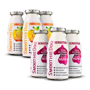 Flaschen von SmoothieDog Snacks für Hunde, beschriftet 'Sensitivo' und 'Immunio', mit Ansprüchen auf hypoallergene und immunstärkende Eigenschaften.