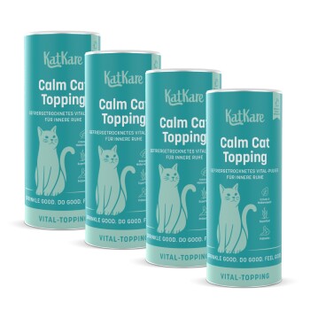 Vier türkisfarbene KatKare 'Calm Cat Topping'-Dosen mit Katzenillustration, Aufschrift 'Vital-Topping' und Slogan 'Sprinkle good. Do good. Feel good.'