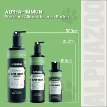 ALPHA-ZOO Care Alpha-Immun Haustierölflasche mit Pfotenabdruck-Logo, fördert die Immununterstützung, umweltfreundliche Verpackung und Eignung für alle Rassen.