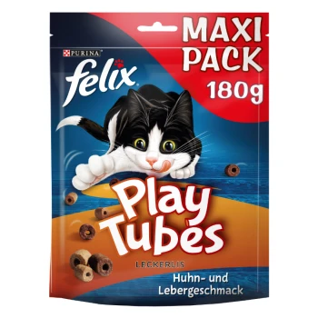 Felix Play Tubes Katzenleckerliverpackung mit einer verspielten schwarz-weißen Katze, beschriftet mit "MAXI PACK 180g," mit Geschmacksrichtungen "Huhn- und Lebergeschmack."