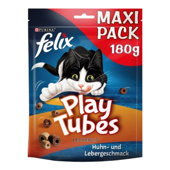 Felix Play Tubes Katzenleckerliverpackung mit einer verspielten schwarz-weißen Katze, beschriftet mit "MAXI PACK 180g," mit Geschmacksrichtungen "Huhn- und Lebergeschmack."