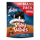 Felix Play Tubes Katzenleckerliverpackung mit einer verspielten schwarz-weißen Katze, beschriftet mit "MAXI PACK 180g," mit Geschmacksrichtungen "Huhn- und Lebergeschmack."