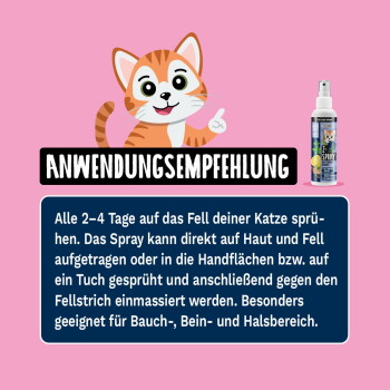 Gezeichneter oranger Kater und Sprühflasche auf rosa Hintergrund, 'ANWENDUNGSEMPFEHLUNG' und Ausschnitt 'Alle 2–4 Tage...'.
