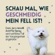 Ein glücklicher weißer Hund läuft mit dem Text: "Sieh, wie glatt mein Fell ist! Dank nimo® Anti-Filz Spray ist Verfilzung Vergangenheit."