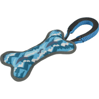 Jouet à tirer pour chien en forme d'os, motif camouflage bleu, avec bordure grise et poignée en sangle bleu et noir.