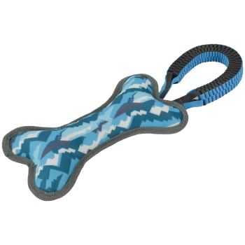Jouet à tirer pour chien en forme d'os, motif camouflage bleu, avec bordure grise et poignée en sangle bleu et noir.