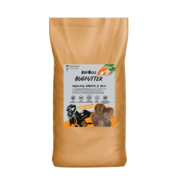 Braune Tüte mit 'BUGBELL BUGFUTTER' Haustierfutter mit Insektenprotein, Karotten und Hefe; glutenfrei, zuckerfrei und hypoallergene Symbole.