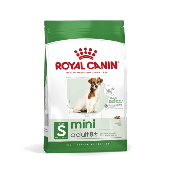 Royal Canin Mini Adult 8+ Hundefutterbeutel, geeignet für Hunde über 8 Jahre, mit Ansprüchen auf Gewichtserhaltung und optimalen Vitalitätsunterstützung.