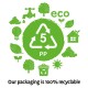 Eco-friendly graphic with a recycling symbol and "5 PP," surrounded by nature icons and the text "100% recyclable packaging."